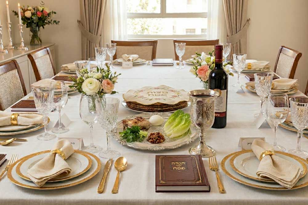 שולחן ליל סדר בעיצוב קלאסי של לבן וזהב