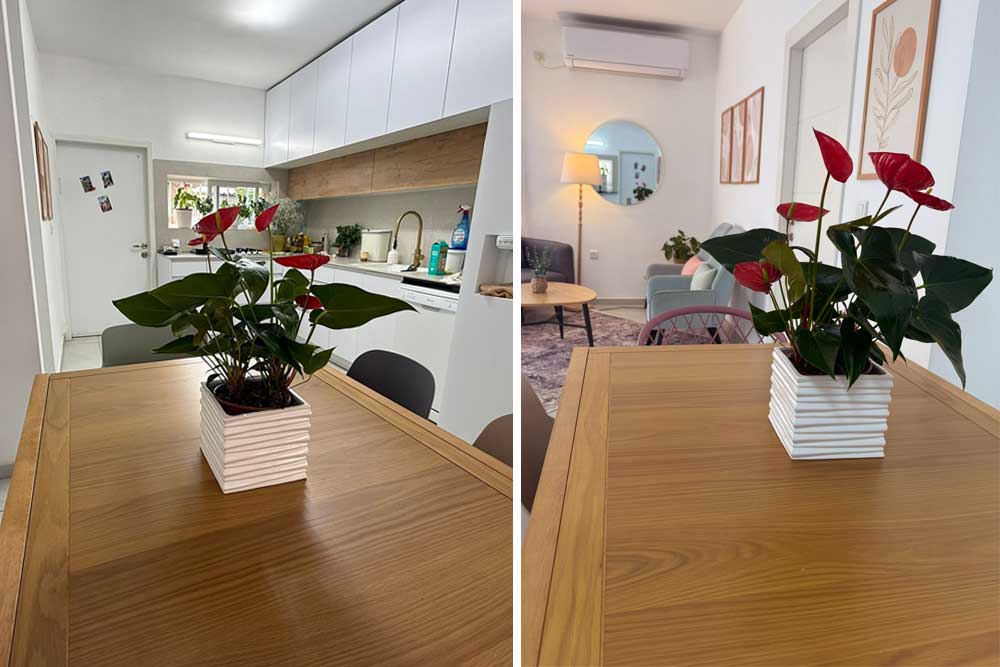 מימין השולחן במבט לסלון, משמאל השולחן במבט למטבח