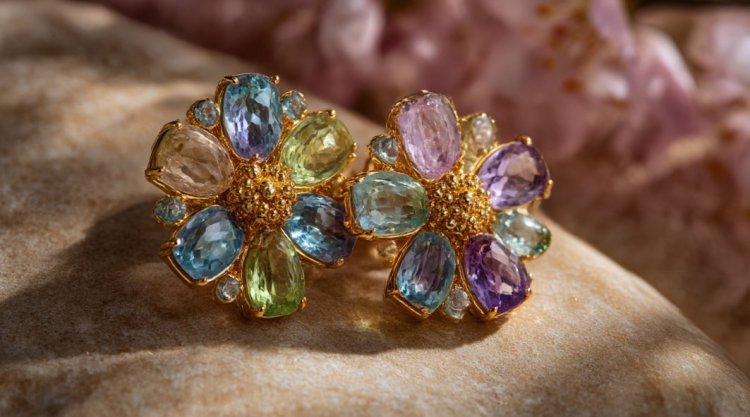 עגילי פרחים עם אבנים צבעוניות