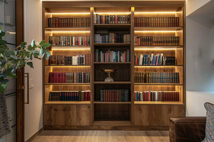 פינת ספרים מסודרת ומכובדת שמוצבת בגאווה במרכז הסלון